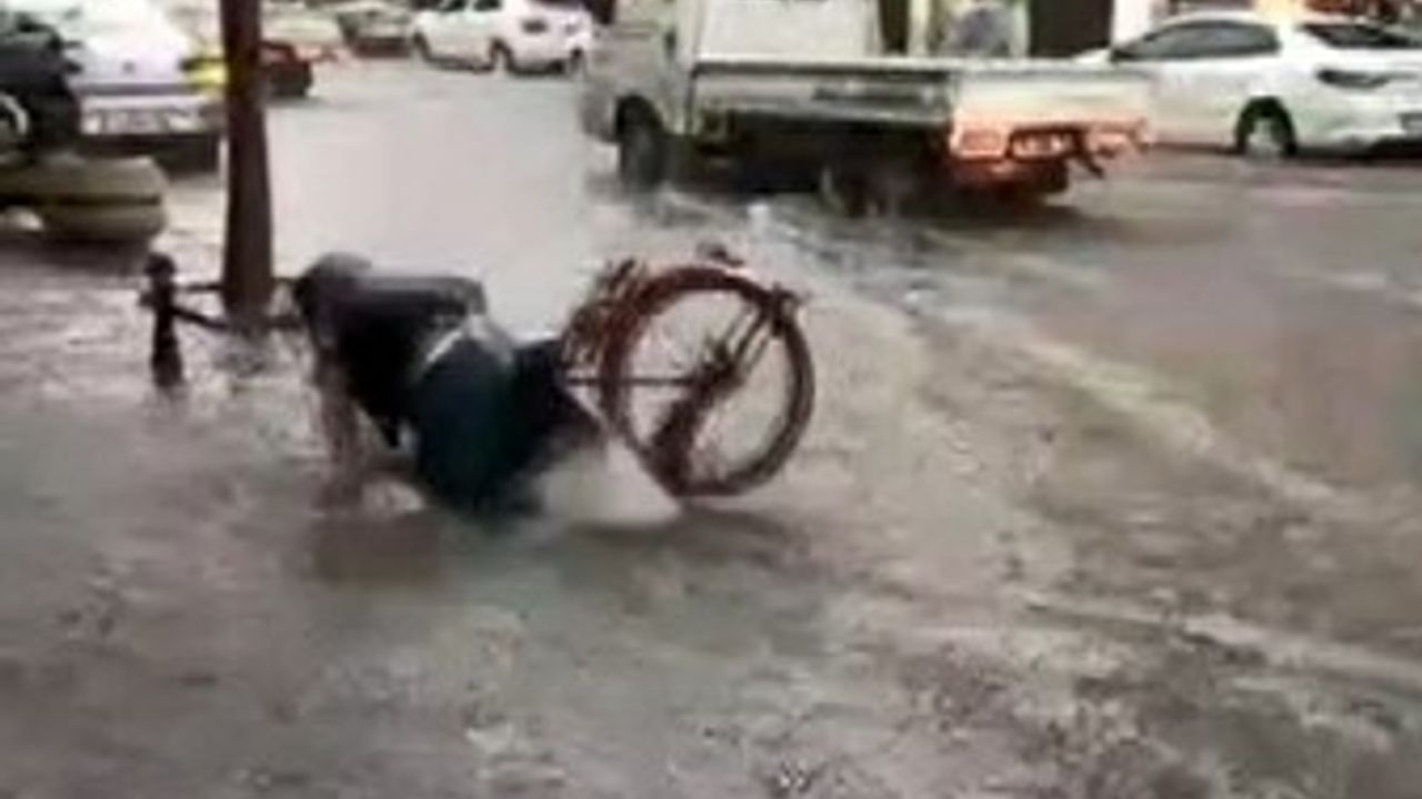 Yağmurlu havada bisikletle suya daldı