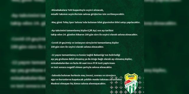 Frutti Extra Bursaspor’dan taraftarına maç öncesi bilgilendirme mesajı