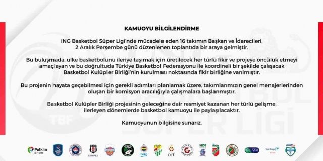 ING Basketbol Süper Lig ekiplerinden Frutti Extra Bursaspor, yazılı bir açıklama yayımladı