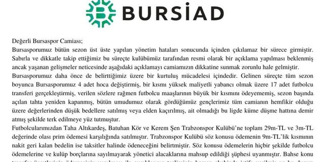 BURSİAD: “Bursaspor'umuza yapılacak en büyük ihanet olacaktır”