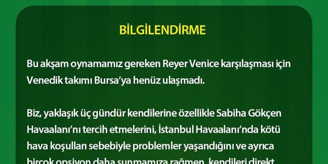 Frutti Extra Bursaspor’un rakibi Reyer Venice Bursa’ya ulaşamadı