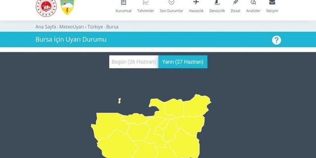 Meteorolojiden Bursa'ya kuvvetli yağış uyarısı