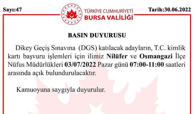 Bursa Valiliği, Dikey Geciş Sınavına girecek adayları uyardı!